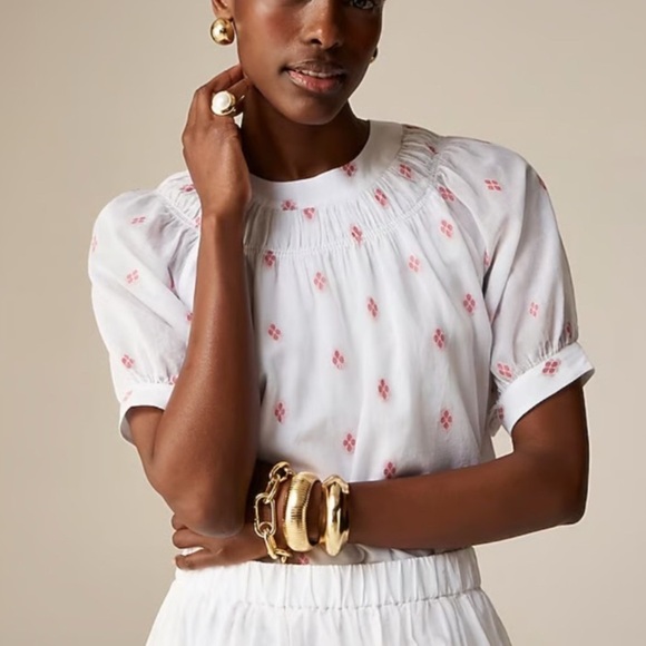 J Crew Smock Neck Puff Sleeve Top Dot Navy Blue Lightweight Cotton Shirt CA591 - Picture 1 of 10